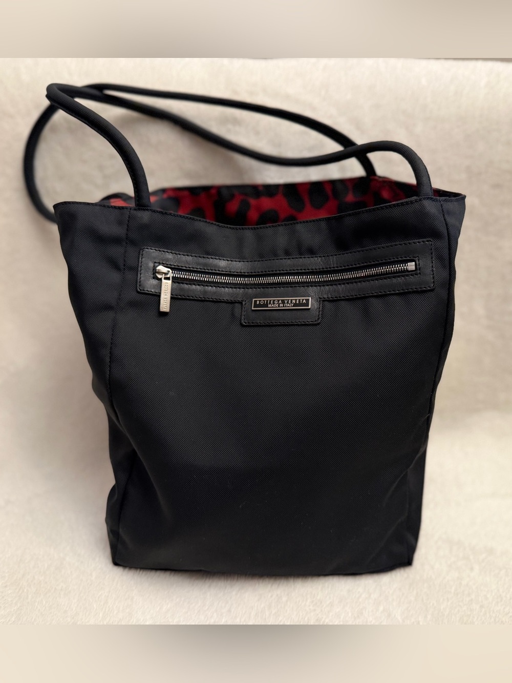 Bottega Veneta Reversible Canvas Tote Bag Black & Red Leopard Print Small